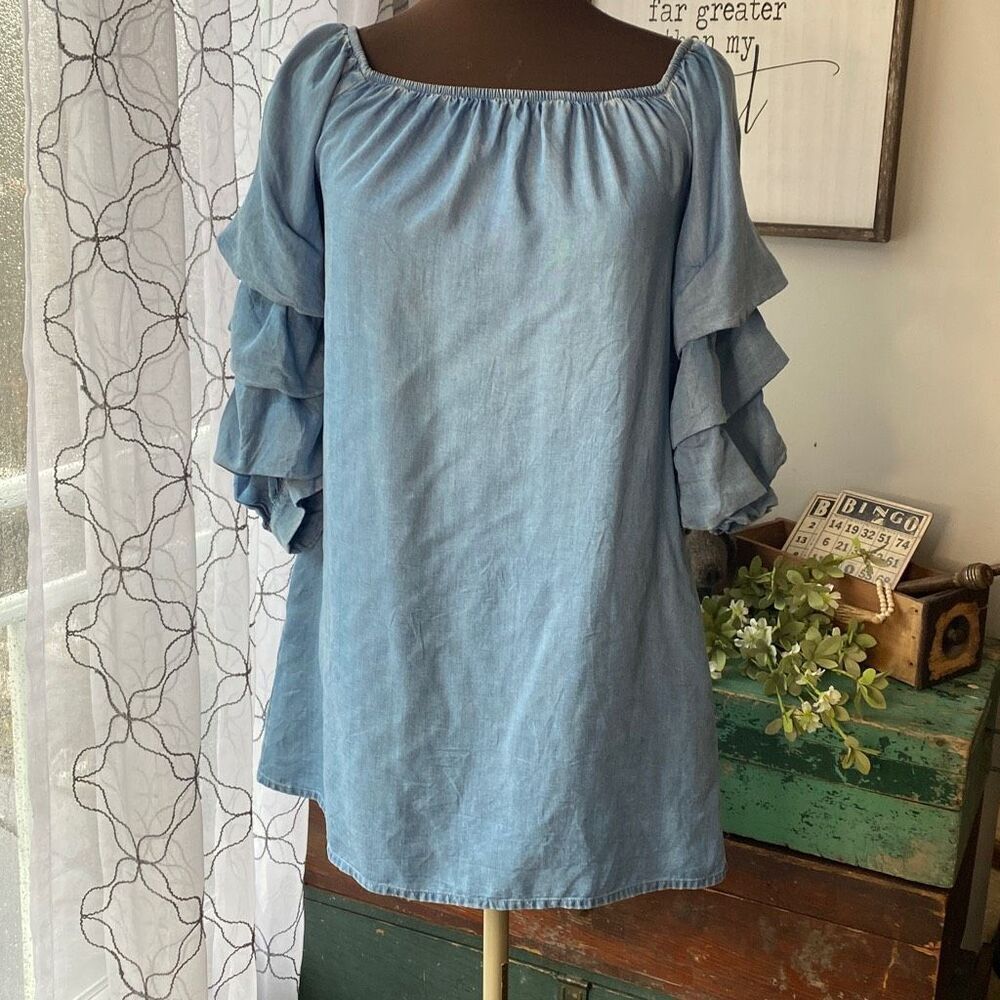 ZARA denim puff sleeve dress size‎ XS pockets western concert fair festival